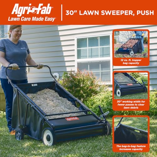 Agri-Fab 45-0570 30" Push Behind Lawn Sweeper, 12 cu. ft Hopper Bag Capacity; Leaf & Grass Catcher, with Adjustable Brush Height