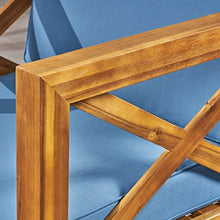 GDFStudio Outdoor 6 Seater Acacia Wood Sectional Sofa and Club Chair Set, Teak Finish & Blue