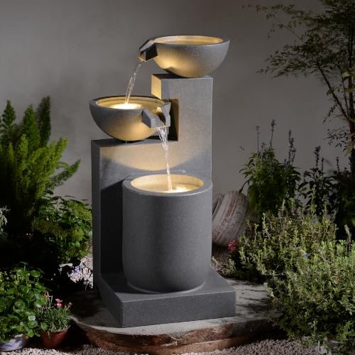 Gray Modern Tiered Bowl Fountain, Decorative Water Fountain with LED Lights and Quiet Pump, Indoor Outdoor Water Feature for Patio, Garden, Deck, Balcony, Office and Home Décor