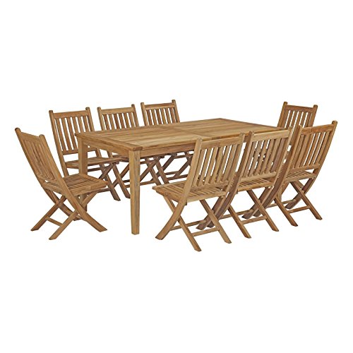 Modway EEI-3204-NAT-SET Marina Premium Grade A Teak Wood 9-Piece Outdoor Patio Dining Furniture Set, Eight Folding Side Chair/One Table, Natural