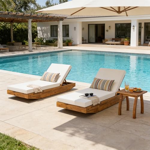 Christopher Knight Home 2-Pack Acacia Wood Chaise Lounge Chair, Teak Finish Outdoor Recliner with Cream Cushion, Heavy Duty 300 lbs, 79.6" x 29", Ideal for Patio Poolside Sunbathing