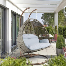 LeisureMod 2 Person Wicker Egg Chair Outdoor Indoor Bedroom Patio Hanging Lounge Swing Hammock Chairs with Beige Stand and UV Resistant Cushions, Light Grey