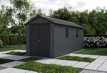 Keter Newton Plus 7.5x17 Ft All-Weather Storage Shed with Skylight, Window, Built-in Ventilation, Customizable Walls, & Lockable Double Doors, Graphite