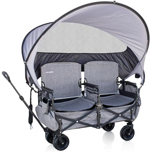 Chariot Outdoor Lawn Chariot, Folding Wagon with 2 Adult Seats & UPF 50+ Canopy, Under-Seat Storage, All-Terrain Wheels, Black Canopy