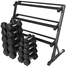 Signature Fitness 550LB Rubber Coated Hex Dumbbell Weight Set with 3-Tier Storage Rack Black