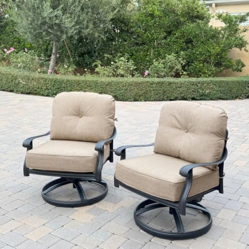 Darlee Elisabeth Cast Aluminum 2 Pc Set Swivel Rocker Club Chair Set in Antique Bronze/Beige Canvas