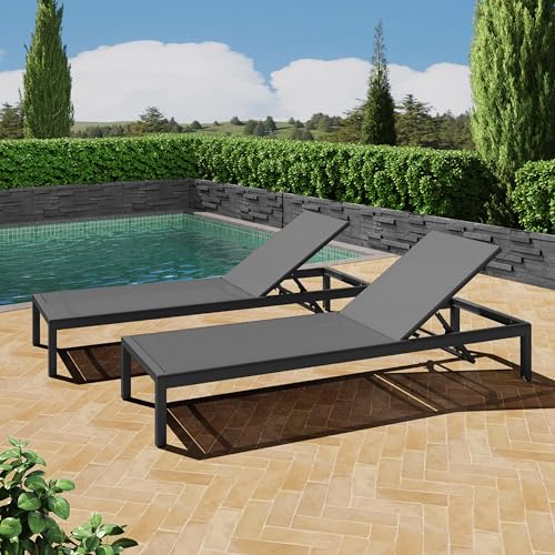 Merax Outdoor Aluminum Chaise Lounges Chair Set of 2 with Mesh Seat for Patio, Black+ Gray