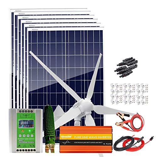 1600W Wind Solar Kit with 2000W Power Inverter Off Grid System for Greenhouse：1000W 24V Wind Turbine Generator + 6pcs 100W Poly Solar Panel + Hybrid MPPT Charge Controller + Accessory