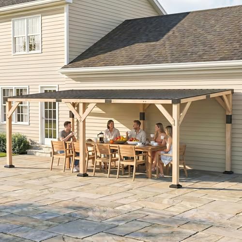 10' x 20' Wooden Gazebo, Hardtop Lean to Pergola with Galvanized Steel Sloped Roof, Heavy Duty Wood Carport Grill Gazebo for Patio, Backyard, Garden, Light Walnut