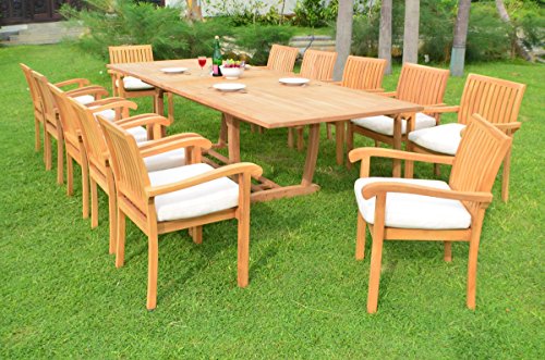 TeakStation 12 Seater Grade-A Teak Wood 3pc Dining Set: Large 118" Mas Rectangle Table(Trestle Leg) and 12 Stacking Napa Arm Chairs #TSDSNPn