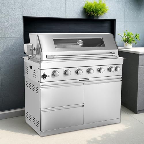 6 Burner Outdoor Kitchen Island with Grill, 85000 BTU Deluxe Stainless Steel Modular Outdoor Kitchen, Gas Propane BBQ Island with Electric Rotisserie, Storage Cabinets & Drawers, 43"W, Silver