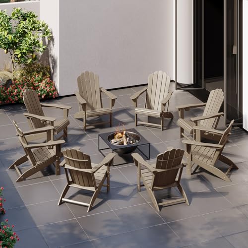 Costaelm Lakeview Outdoor Patio HDPE Adirondack Chairs with Cup Holders (Set of 8), Weathered Wood