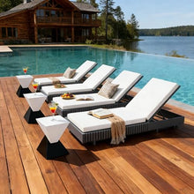 Merax 4-Piece Acacia Grey Wood Chaise Lounge Set w/ 6-Position Adjustable Backrest & Cushion - Outdoor Patio Poolside Furniture, Beige