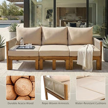 Merax Outdoor Daybed, Acacia Wood 3-Seat Patio Sofa Bed with Waterproof Cushions and Rope Woven Arms, Convertible Sleeper Couch with Pull-Out Function for Poolside, Backyard, Garden