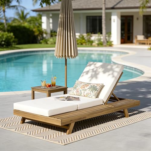 Outdoor Lounge Chair Set, Acacia Wood Tanning Bed with Water-Resistant Reclining Chair Cushions, Space Available on One Side for Poolside Balcony Backyard Patio, 4" Thick, Cream（Triple Folding）