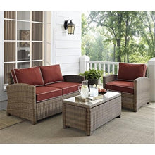 Pemberly Row 3 Piece Wicker Patio Sofa Set, Brown and Sangria Finish, All-Weather Resin Wicker, Steel Frame, UV-Resistant Cushions, Includes Loveseat, Armchair, Coffee Table, Outdoor Seating for Patio