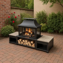 Deko Living Rimasco 80-Inch Metal Wood Burner Fireplace with Side Storage Tables - Wood Burning Fire Pit for Home - Smokeless Patio Fire Pit - Outdoor
