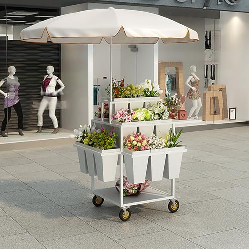 Metal Outdoor Flower Display Stand with Flower Display Stand with 18 Buckets, Flower Cart Display Stand with Wheels，Flower cart for Florist, Patio Garden(Color:Blue,Pink,White) (White)