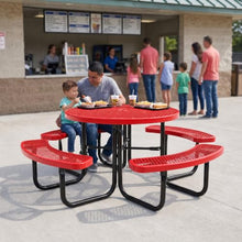 Barco Products SuperSaver 46 in Round Commercial Picnic Table, Red - Thermoplastic-Coated Expanded Metal, Seats 8, Portable or Surface Mount, 2 in Umbrella Hole, 10-Year Warranty