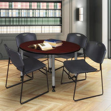Romig 48 in. Round Adjustable Classroom Table Mahogany with 4 Zeng Stack Chairs Black