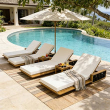 Merax Outdoor Chaise Lounge Set of 4, Acacia Wood Patio Reclining Chairs with 4-Position Adjustable Backrest, 4-Piece Sunbathing Recliner & 4" Thick Double-fold Cushion for Poolside, Garden, Beige