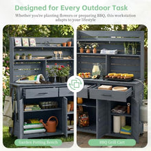 Cvqza TOPMAX Potting Bench, Garden Prep Cart with Lockable Wheels, Large Storage Cabinet, Outdoor Kitchen Island, Drawers & Removable Shelves, Perfect for Grilling and Gardening Activities, Gray