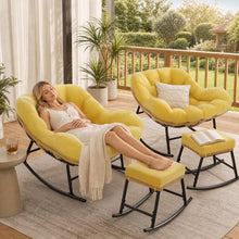 Easyego 2-Piece Oversized Papasan Rocking Chair with Ottoman for Indoor Outdoor Use, Comfortable Wicker Rocker for Deck, Balcony, Poolside, Lawn, Bedroom, Living Room, Light Yellow