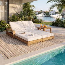 Christopher Knight Home Mari Acacia Wood Chaise Lounge Chair Outdoor, Spacious Double Outdoor Chaise Lounge with 3-Fold Cushions, 4 Position Adjustable Backrest Pool Lounger, Light Natural + Cream