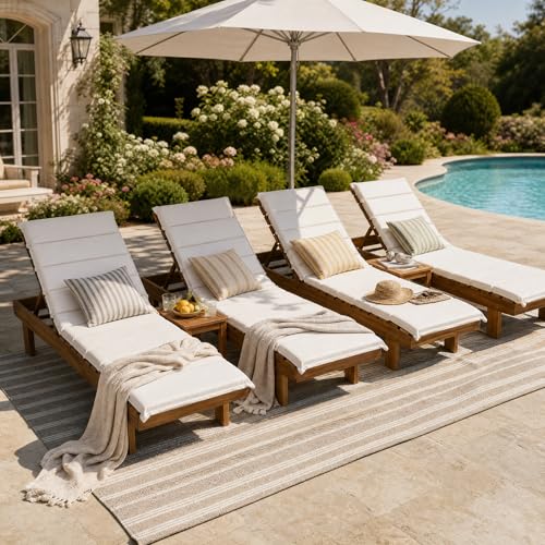 Merax Patio Chaise Lounge Chair with Water-Resistant Cushion Set of 4, 77'' Acacia Wood Adjustable Reclining Chaise Lounger with 3-Positions Backrest for Poolside, Deck, 400 lbs Capacity, Teak+ Beige