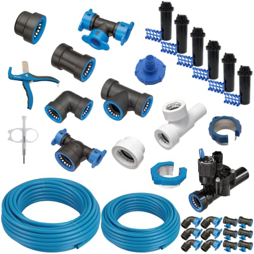 Blu-Lock 1" & 1/2" Push-Fit In-Ground Sprinkler Kit with Electric Valves, Rotor Heads, Fittings, and Tubing, Zones: 1