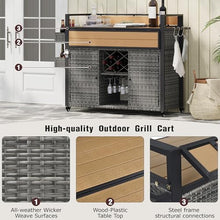 Merax 52.8" W Wicker Outdoor Grill Cart with Extended Plastic Wood Table Top, Rolling Kitchen Island on Wheels with Storage Cabinet, for Patio Backyard Garden Poolside, Double Handle Design, Grey