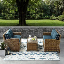 Pemberly Row 3-Piece Wicker Patio Sofa Set, Weathered Brown Resin Wicker, Navy Cushion Covers, Steel Frame, Tempered Glass Table, Outdoor Furniture for Patio or Garden, 121" x 55" x 32.5"