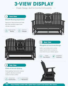 SERWALL 3 Seat Porch Glider Bench with Cup Holdersi and Pad Placement,Black