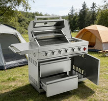 6-Burner Deluxe Stainless Steel Outdoor Gas BBQ Island Grill – 75,300 BTU Power, 25.6"x18.11" Cooking Area, Rotisserie Kit, LED Knobs, Granite Countertops, Halogen Lights & Mobile Design