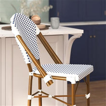 Pemberly Row Modern 30.25" Rattan Bar Stools, White/Navy, Set of 2, Fade Resistant PE Rattan with Bamboo Print Metal Frames, Indoor/Outdoor Bistro Stools, Commercial Grade Seating for Patio or Bar Use