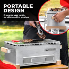 The Bincho Grill 16" Mini Yakitori Grill – Stainless Steel Mini Tabletop Charcoal BBQ with Charcoal Box, Optimized Airflow & Cool-Touch Base - Perfect for Japanese Grilling, Skewers, Meat, Seafood