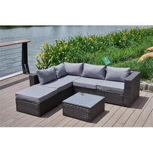 Pemberly Row Outdoor Sectional Sofa Set, Gray Cushions, Brown Wicker/Rattan Frame, 86" L x 80" W x 28" H, Tempered Glass Top Coffee Table, Water-Resistant Cushions, Modern Patio Furniture for