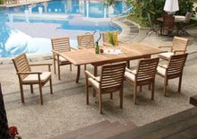 TeakStation 8 Seater Grade-A Teak Wood 9pc Dining Set: 94" Rectangle Table and 8 Hari Stacking Arm Chairs #TSDSHR7