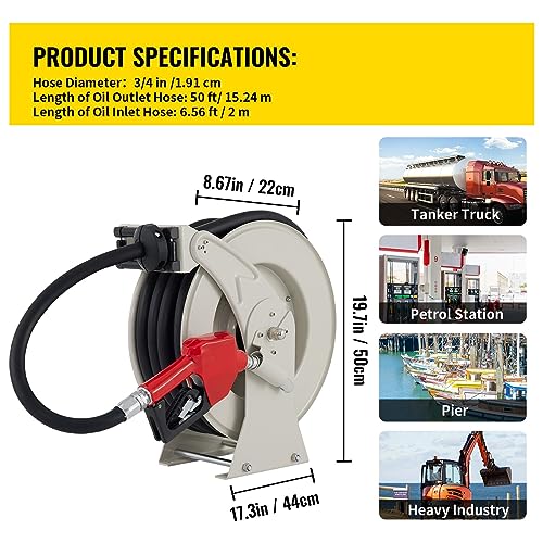 Fuel Hose Reel 33-66 FT Retractable Diesel Cord Reel W/Automatic Refueling Gun for Garden Watering Car Tank Truck Washing(50 ft 0.75 inch)