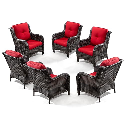 MeetLeisure Outdoor Wicker Chair Rattan Patio Dining Chairs Set of 6 PE Wicker Patio Chairs with 4 inch Seat Cushions Patio Seating Chair for Garden, Backyard Swimming Pool, Balcony, Red