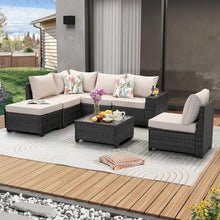 HTERWQEA 7-Piece Outdoor Patio Furniture Set, Sectional Sofas with Cushions & Glass Coffee Table, Comfortable Conversation Set for Garden or Porch