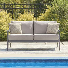 Signature Design by Ashley North Island Outdoor Loveseat, Powder-Coated Aluminum Frame, UV-Resistant Nuvella Fabric Cushions, Contemporary Porch and Patio Seating, Gray/Wood Tones