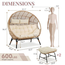 NICESOUL Stationary Egg Chair Indoor Outdoor Wicker Oversized Thick Cushions Egg Shaped Loveseat Chair, Egg Basket Lounge Chair with Ottoman Footrest for Patio Balcony Porch Bedroom Beige