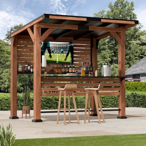 Modern Shade Cedar Outdoor Bar Gazebo with TV Mount, USB Power, 6.5 x 8 ft
