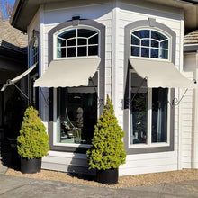 Awntech 8' Charleston (100.5"-18"-36") Sloped Fixed Awning with Scrolled Iron Arms, Linen