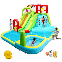 WELLFUNTIME Inflatable Water Slide Park with Splash Pool, Climbing Wall, Sport Balls, Water Guns, and Air Blower