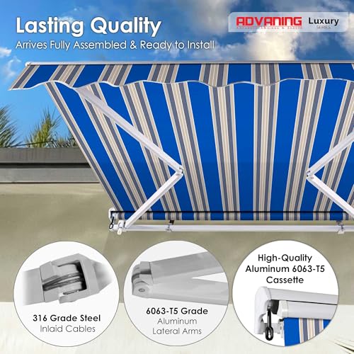 ADVANING MA1210-A447H2 Luxury Series, Premium Quality Manual Retractable Patio Awning, 100% Solution Dyed European Acrylic Easy UV Sunshade Manual Hand Crank, 12'x10', Ocean Blue - Sand Beige Stripes