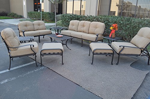 Elizabeth Outdoor Patio 10 pc Seating Group Cast Aluminum Dark Bronze (Premium Fabric Sunbrella-Sesame Cushions)