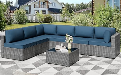 Shintenchi 7 Pieces Outdoor Patio Furniture Sets, Patio Sectional Sofa Couch, Gray PE Wicker Furniture Modular Patio Conversation Sets Patio Sofa with Washable Cushions, Aegean Blue