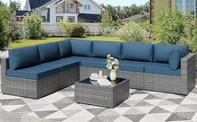 Shintenchi 7 Pieces Outdoor Patio Furniture Sets, Patio Sectional Sofa Couch, Gray PE Wicker Furniture Modular Patio Conversation Sets Patio Sofa with Washable Cushions, Aegean Blue